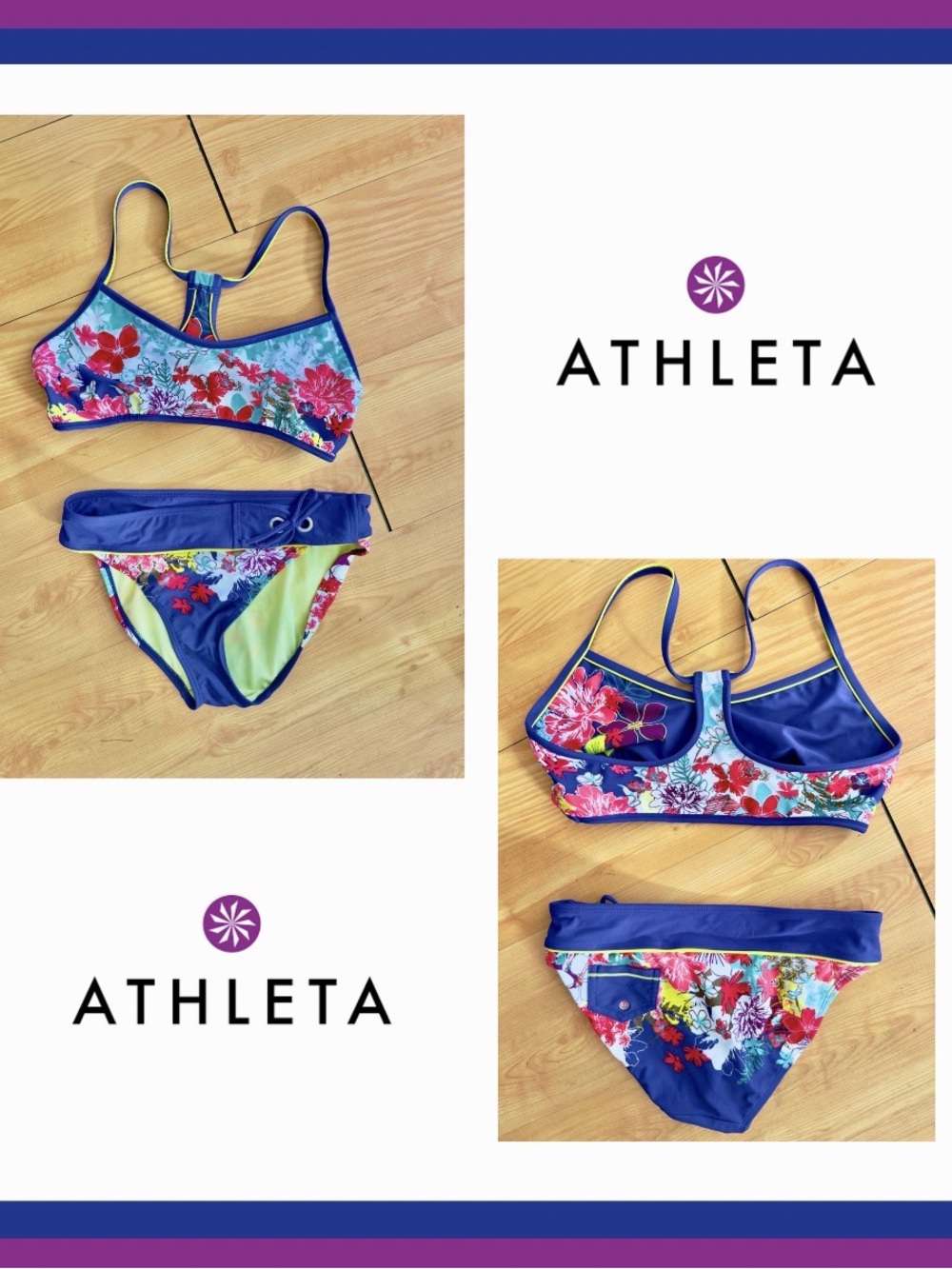 Athleta Blue Floral Sport Bikini Set with Multicolor Print Size S